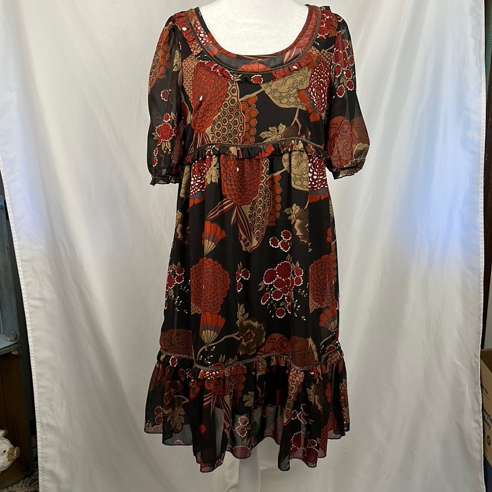 Bila Brown Floral Velvet Trim ruffle Dress Size Meduim